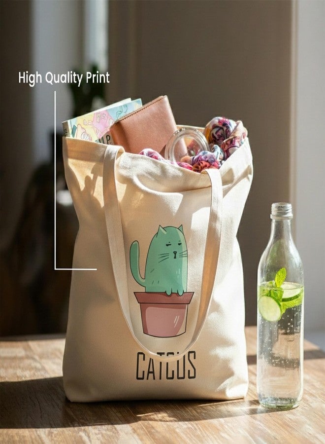 WRAPZY Premium Canvas Tote Bag for Women|Eco-Friendly, Reusable Tote Bag|Handbag for Women| Durable Shoulder Bag for Grocery, Travel, Work, School & Everyday Use | 16x14” (CATCUS, One Size) - Image 4